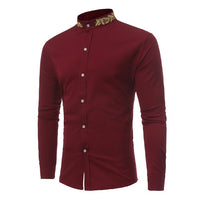 Shenrun Men Long Sleeve Stand Collar Wheatear Embroidery Shirt Wine