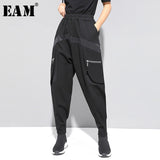 [EAM] High Elastic Waist Black Zipper Split Long Harem Trousers Loose Fit Pants Women