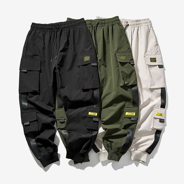 Joggers Cargo Pants Men Harem Pants Multi-Pocket Ribbons Sweatpants Casual Pants