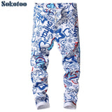 Sokotoo Men's letters 3D printed jeans Fashion colored blue white slim skinny denim pants