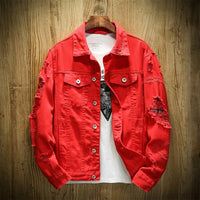 Men's Slim Fit Cotton Denim Red White Black Ripped Hole Jean Coats