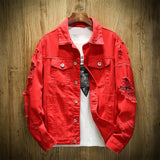 Men's Slim Fit Cotton Denim Red White Black Ripped Hole Jean Coats