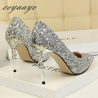 High Thin Heels Pointed Toe Sexy Bling Bridal Wedding Gold High Heels