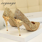 High Thin Heels Pointed Toe Sexy Bling Bridal Wedding Gold High Heels