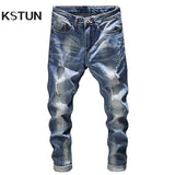 Men Slim Fit Light Blue Stretch Frayed Hip Distressed Casual Denim Jeans