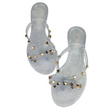 MR CO Women Sandals Flat Jelly Shoes Bow V Flip Flops Stud  Rivets Slippers Thong Sandals