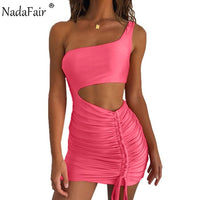 Nadafair Mini Bodycon Dress Women Hollow Out Ruched Backless Bandage Dresses