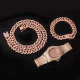 Miami Cuban Necklace, Watch & Bracelet Full Hip Hop Iced Out Set