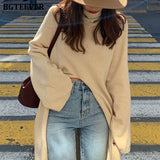 Turtleneck Split Long Queenz Sweater Knitting Tops Elegant Loose Female Knitted Pullovers