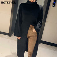 Turtleneck Split Long Queenz Sweater Knitting Tops Elegant Loose Female Knitted Pullovers