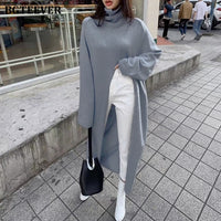 Turtleneck Split Long Queenz Sweater Knitting Tops Elegant Loose Female Knitted Pullovers