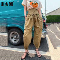 [EAM] High Waist Khaki Drawstring Bandage Long Harem Trousers Loose Fit Pants Women Fashion