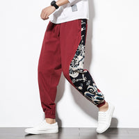 Men Harem Pants Dragon Printed Elastic Waist Cotton Linen