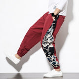 Men Harem Pants Dragon Printed Elastic Waist Cotton Linen