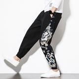 Men Harem Pants Dragon Printed Elastic Waist Cotton Linen