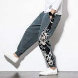 Men Harem Pants Dragon Printed Elastic Waist Cotton Linen