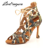 Ladingwu Latin Dance Camouflage Denim Shoes w Adjustable Strap