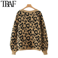 Women's Leopard Pattern Loose Knitted Cardigan Vintage Sweater