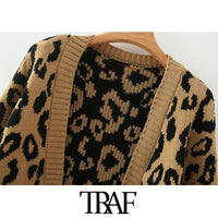 Women's Leopard Pattern Loose Knitted Cardigan Vintage Sweater