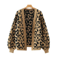 Women's Leopard Pattern Loose Knitted Cardigan Vintage Sweater