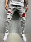 Men's Quilted Embroidered Skinny Jeans Ripped Grid Stretch Denim Pants Elastic Waist