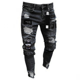 Men's Quilted Embroidered Skinny Jeans Ripped Grid Stretch Denim Pants Elastic Waist