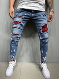 Men's Quilted Embroidered Skinny Jeans Ripped Grid Stretch Denim Pants Elastic Waist