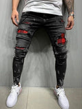 Men's Quilted Embroidered Skinny Jeans Ripped Grid Stretch Denim Pants Elastic Waist