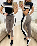 Plaid Short Sleeve Tape Top & Drawstring Pants Casual Two Piece Set