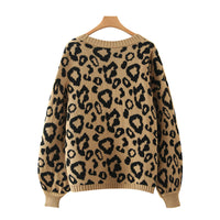 Women's Leopard Pattern Loose Knitted Cardigan Vintage Sweater